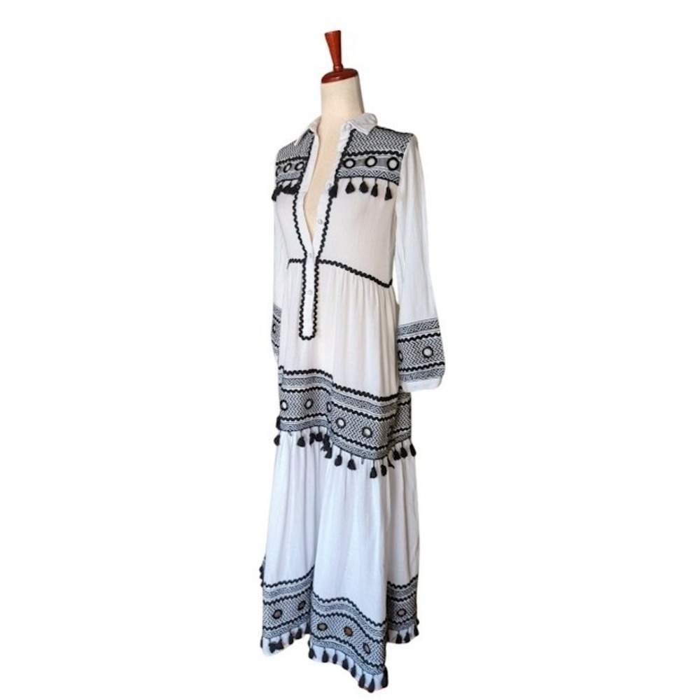 DODO Bar Or White Black Embroidered Tassel Mirror Maxi Dress Womens S Cotton - Picture 3 of 9